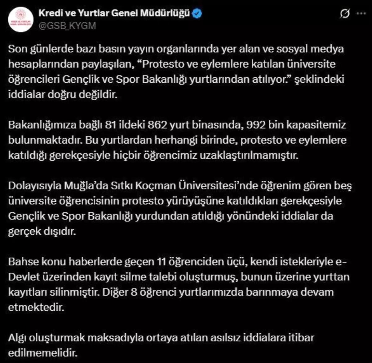 KYK’dan Yurt Atma İddialarına Yanıt
